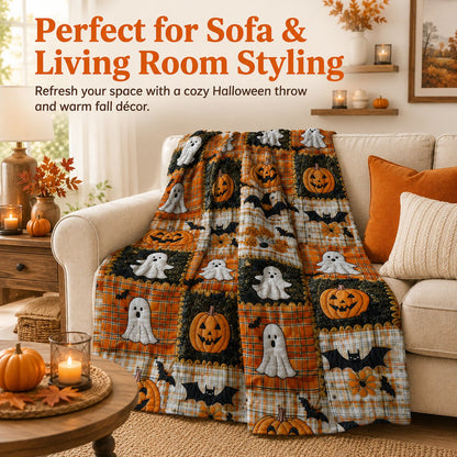 ⏳Siste dag med 50 % rabatt🎃Halloween-teppe i flanell med lappeteppe-mønster