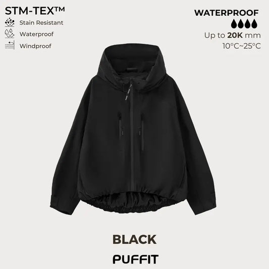 🧥Hette med bred brem💧Kort, oversized regnjakke med buet nederkant og justerbare mansjetter