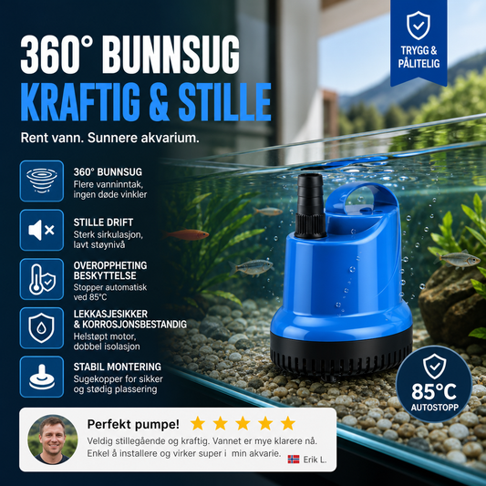 🐠 Bunnsugende filterpumpe – 360° rengjøring, stillegående, overopphetingsvern. Perfekt til akvarier! 🔄💧