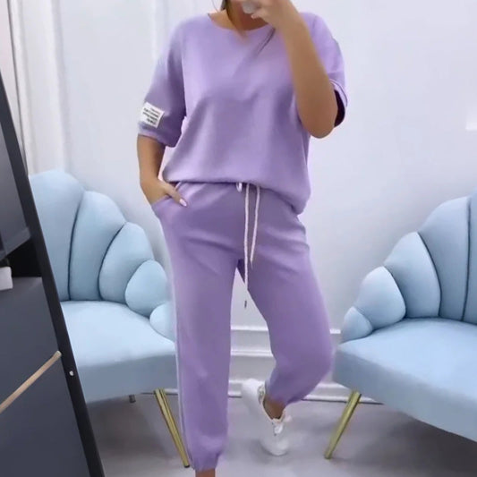 ⏳Rajoitetun ajan tarjous⏰Naisten rento yksivärinen toppi ja housut -setti