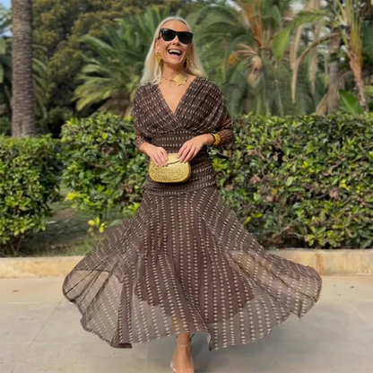 Bohemisk V-hals rysjet mesh maxikjole👗
