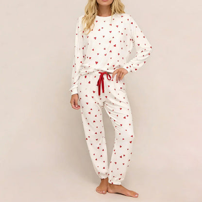 🎉 Nyårsgave – 50 % RABATT! 🧸 Dame-pyjamasett med hjertepryd: Mykt, avslappet & perfekt til koselige kvelder