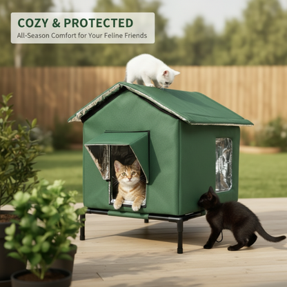 📢📢50 % RABATT !!⏰ 🐈 Høytliggende utendørs kattehus for alle værforhold – vanntett Oxford-stoff, termisk aluminiumsfôr og sammenleggbar utforming 🌧️