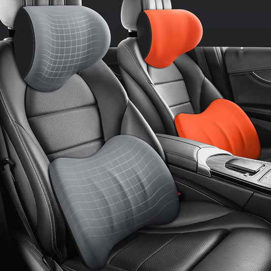 🚗 Sett med nakkestøtte og ryggstøtte i memory-skum til bil｜Ergonomisk beskyttelse av nakke og rygg, avtakbart og vaskbart, pustende, universell modell