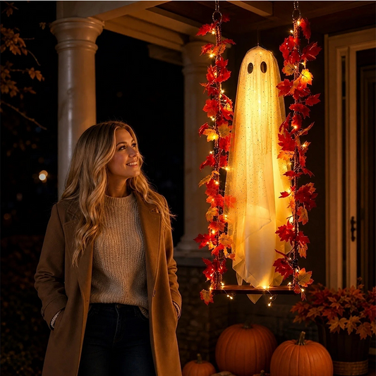 Hengende Halloween-spøkelse på gynge med fjernstyrt LED-lys og lønneblader