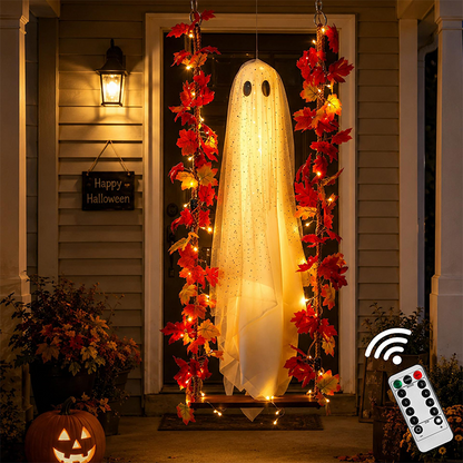 Hengende Halloween-spøkelse på gynge med fjernstyrt LED-lys og lønneblader