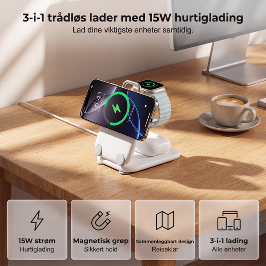 ⚡ 3-i-1 trådløs magnetlader, 🧳 sammenleggbar magnetisk trådløs lader, lader mobil, klokke og hodetelefoner samtidig – si farvel til rotete ledninger på skrivebordet ✨