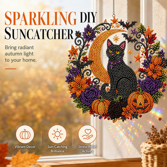 🥳2026 BESTSELLER🥳 Halloween-diamantpynt til å henge opp – DIY-solfanger, høyglanset harpiks – skummel katt og gresskar – beroligende håndverk! 🛡️💨