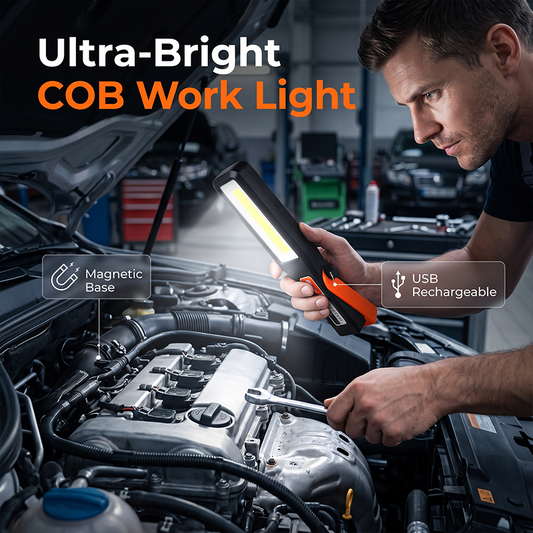 🔥💡50 % RABATT｜COB-ladbar arbeidslampe med magnetfeste🧲Håndfri, sammenleggbar nødlampe for bilreparasjoner