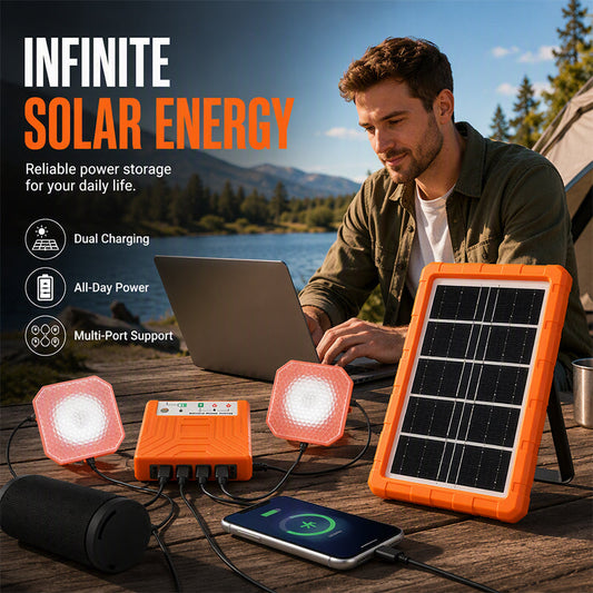 ☀️🔋 Bærbart solenergisystem – USB/Type-C-solgenerator med 2 LED-lys